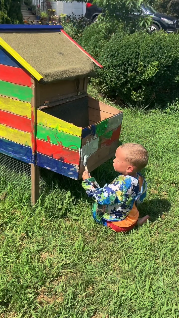 Our favorite little farm friends found and painted a coop for us just for the goats to spend one day near it and ruin it. Now we have their wonderful art displayed near the barn since the coop was no longer able to be used. 🤦♀️ #goatproblems #densfarmfriends #upcycling